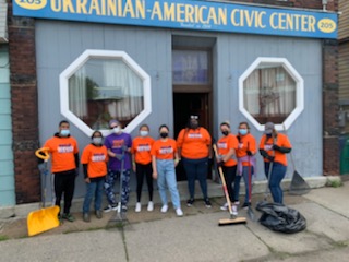 Volunteers outside of the Ukranian-American Civic Center.